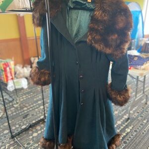 Collectif Teal Green Wool Pea Coat with Brown Faux Fur Trim Bonus matching hat